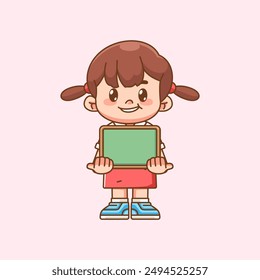 Muchacha linda indonesia estudiante primaria sostiene tablero en blanco kawaii chibi personaje mascota conjunto de ilustración