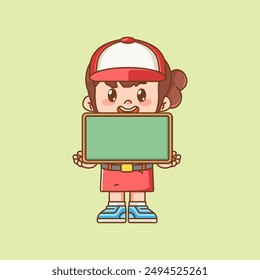 Cute girl Indonesian student elementary school hold board kawaii chibi character mascot illustration set