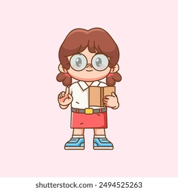 Cute girl Indonesian student elementary school take notes kawaii chibi character mascot illustration set