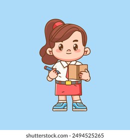 Cute girl Indonesian student elementary school takes note kawaii chibi character mascot illustration set