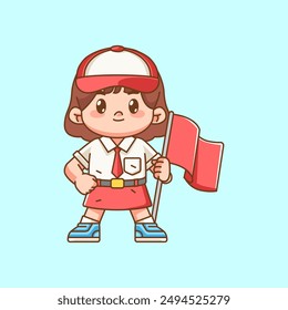Cute girl Indonesian student elementary school hold flag kawaii chibi character mascot illustration set