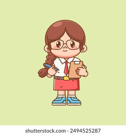 Cute girl Indonesian student elementary school write notes kawaii chibi character mascot illustration set