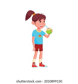cute girl infant drinking coconut milk from natural exotic nut on vacation cartoon vector