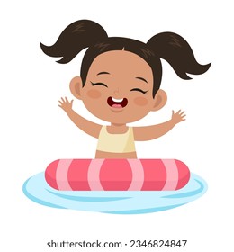 Cute girl with inflatable ring flat vector. Happy cartoon kid with rubber ring floating on water. Summer activities, vacation concept