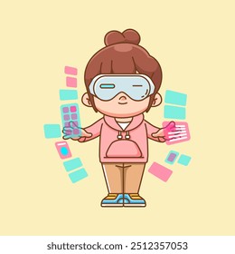 Cute girl  interact virtual reality glasses vr chibi kawaii character mascot illustration outline style set