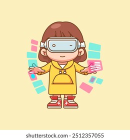 Cute girl  interact virtual reality glasses vr chibi kawaii character mascot illustration outline style set