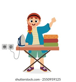 cute girl ironing clothes. cute little girl ironing clothes doing daily chores housework activity. Household routine cartoon character