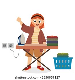 cute girl ironing clothes. cute little girl ironing clothes doing daily chores housework activity. Household routine cartoon character