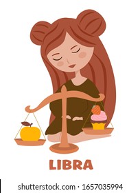 Cute girl isolated on white background. Libra zodiac sign concept for horoscope. Beautiful vector illustration.