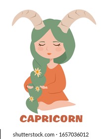 Cute girl isolated on white background. Capricorn zodiac sign concept for horoscope. Beautiful vector illustration.