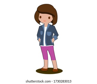 Chica linda con chaqueta, ilustración vectorial.