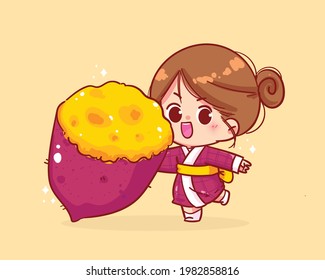 Cute girl and Japanese steamed sweet potato cartoon art illustration