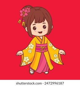 Cute girl japanese wearing yellow kimono vector illustration, happy face and fun