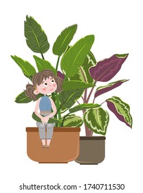 A cute girl in jeans and a fashionable T-shirt sits on the edge of the pot with a beautiful houseplant. Dieffenbachia in a ceramic pot. Hobby. Vector children's illustration.