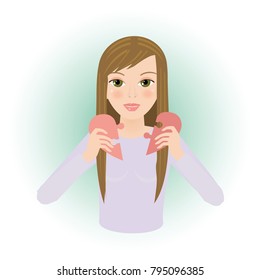 Cute girl joining the heart like puzzles, matchmaking, icon, vector illustration