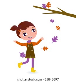 Cute Girl jugglery with autumn Leaves isolated on white Little Girl & autumn Tree Leaves - vector cartoon Illustration