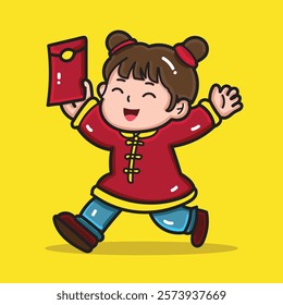 A cute girl jump happy holding an angpao illustration for  sticker, design element, or coloring book element