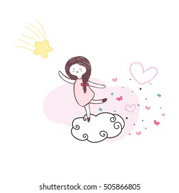 cute girl jump on the cloud for touch yellow star with pink heart hand drawn vector