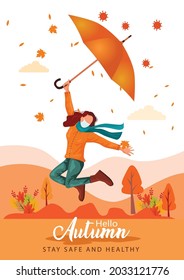 cute girl jump with umbrella . Hello Autumn Vector illustration design with beautiful nature background.covid-19, corona virus concept	