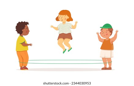 Cute girl jumping over a rubber band. Cute little boys play with girl. Multiculturalism and diversity. Vector illustration. Summer activities. Children playing outside. Funny character. Isolated on a