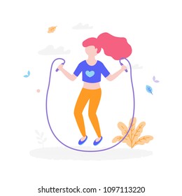Cute girl with jumping rope outdoors in the park isolated on white background. Children activity concept, summer flat illustration with bush, grass and leaves around