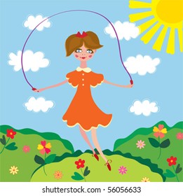 Cute girl jumping with the skipping rope