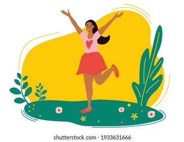 Cute girl jumping in spring meadow. Web page design templates for beauty, spa, wellness, natural products, cosmetics, body care. Flat style vector design