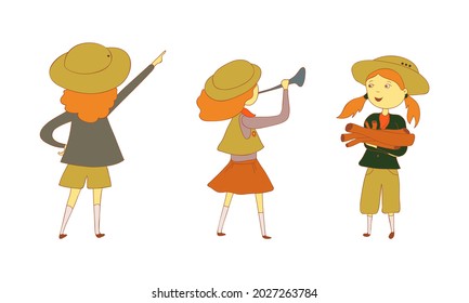 Cute Girl as Junior Scout Holding Lumber and Trumpet Vector Set