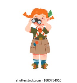 Cute Girl as Junior Scout Looking in Binocular Vector Illustration