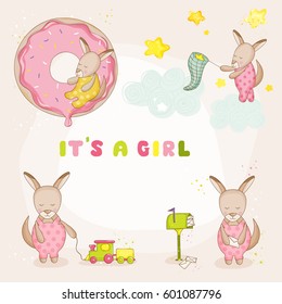 Cute Girl Kangaroo Set for Baby Shower or Arrival Cards in vector