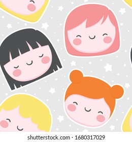 cute girl kawaii cartoon seamless pattern for nursery, bedroom, vector illustration background