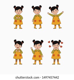 Cute girl kawaii cartoon vector characters set. Funny girl different poses and emotions isolated sticker, patch. Vector cartoon illustration can use for kids decor, print, card