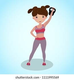 Cute girl with a kettlebell. Gym illustration. Routine workout. Cartoon character. Fitness girl holding the kettlebell overhead. Healthy young woman in sportswear involved in sports. Caucasian.