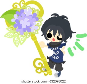 A cute girl and a key of hydrangeas