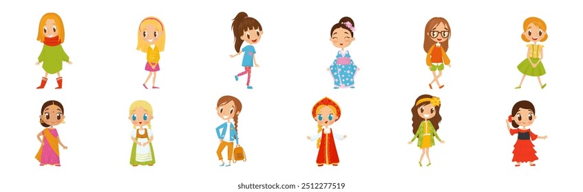 Cute Girl Kid Dressed in Elegant Clothes Standing and Smiling Vector Set