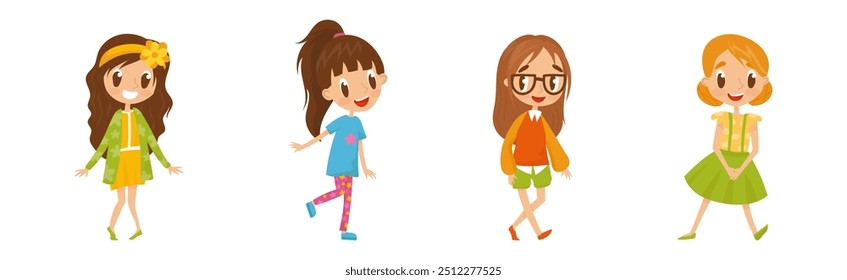 Cute Girl Kid Dressed in Elegant Clothes Standing and Smiling Vector Set