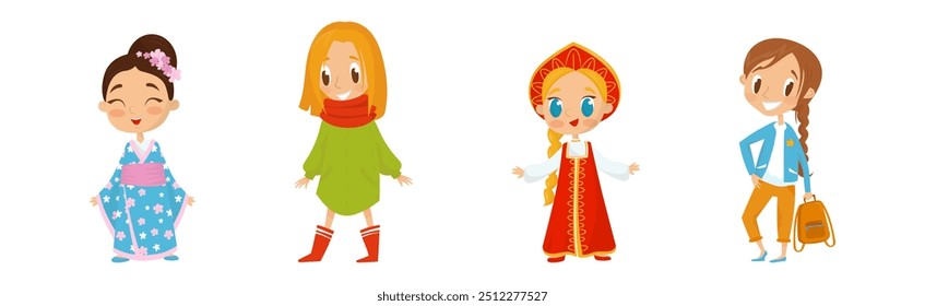 Cute Girl Kid Dressed in Elegant Clothes Standing and Smiling Vector Set