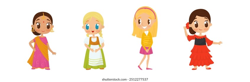 Cute Girl Kid Dressed in Elegant Clothes Standing and Smiling Vector Set