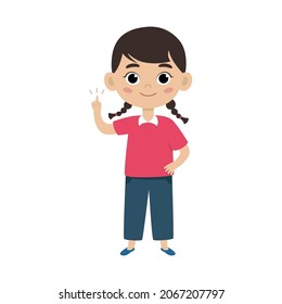 Cute girl kid. Funny child isolated on white background. Baby gesturing eureka, raised finger up idea. Happy emotional girl. Vector illustration in flat style