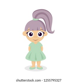 Cute girl kid in green dress with purple hair. Vector cartoon illustration. 