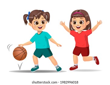cute girl kid playing basketball