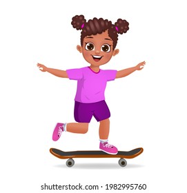 cute girl kid playing with skateboard