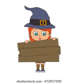 cute girl kid in a witch costume halloween season vector illustration