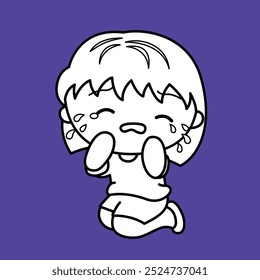 Cute Girl Kids Doing Crying Sad Upset Daily Activity Expression Cartoon Digital Stamp Outline