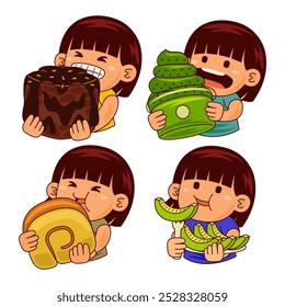 cute girl kids eating  dessert illustration