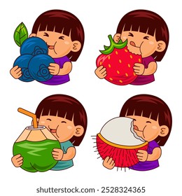 cute girl kids eating fruit illustration