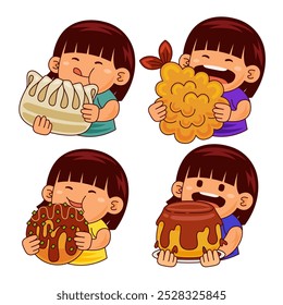 cute girl kids eating japan  food illustration