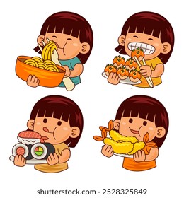 cute girl kids eating japan  food illustration