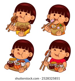 menina bonito crianças comendo japão ilustração de comida