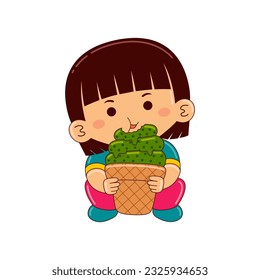 cute girl kids eating matcha ice cream cone